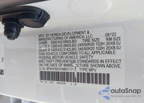 2022 Honda Pilot Awd Sport z USA, uszkodzony, nr VIN 5FNYF6H31NB071770